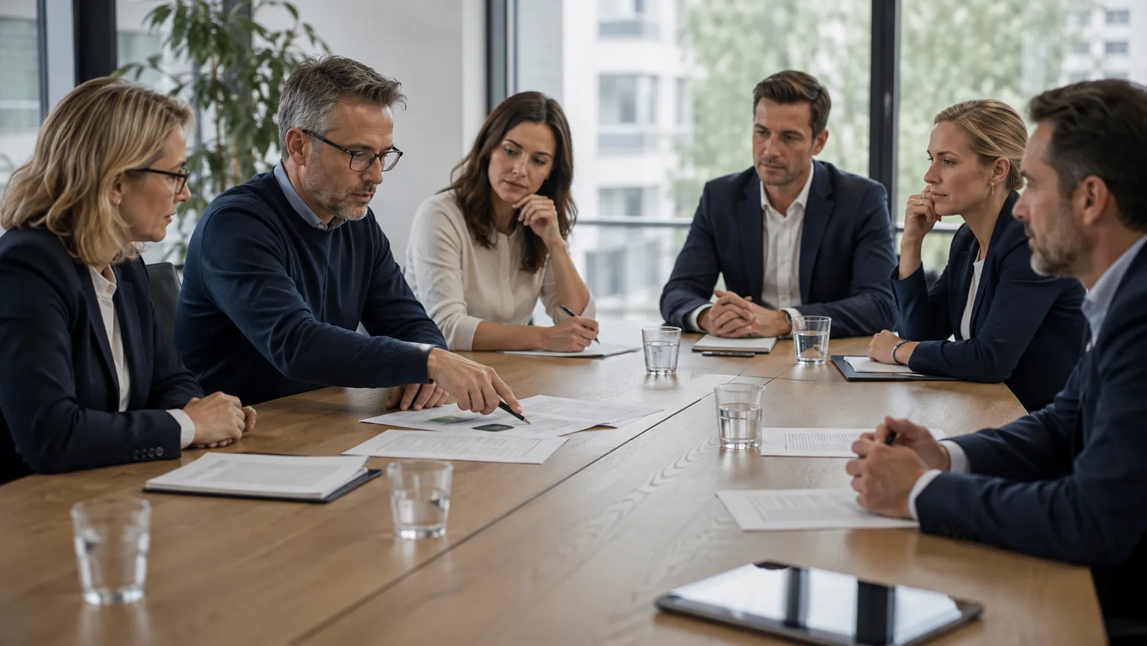 Betriebsrat und Arbeitgebervertreter verhandeln am Konferenztisch ueber Unterlagen